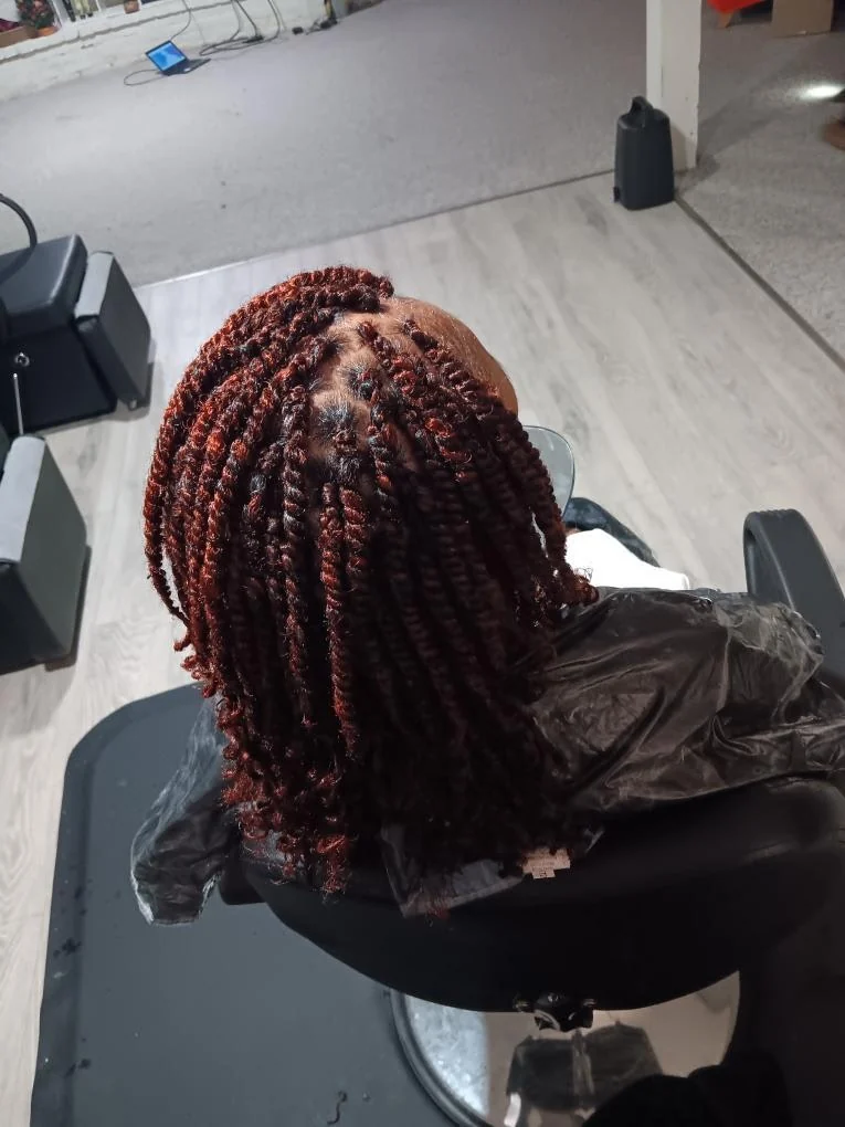 Burgundy kinky twists created by Elegant African Braiding
